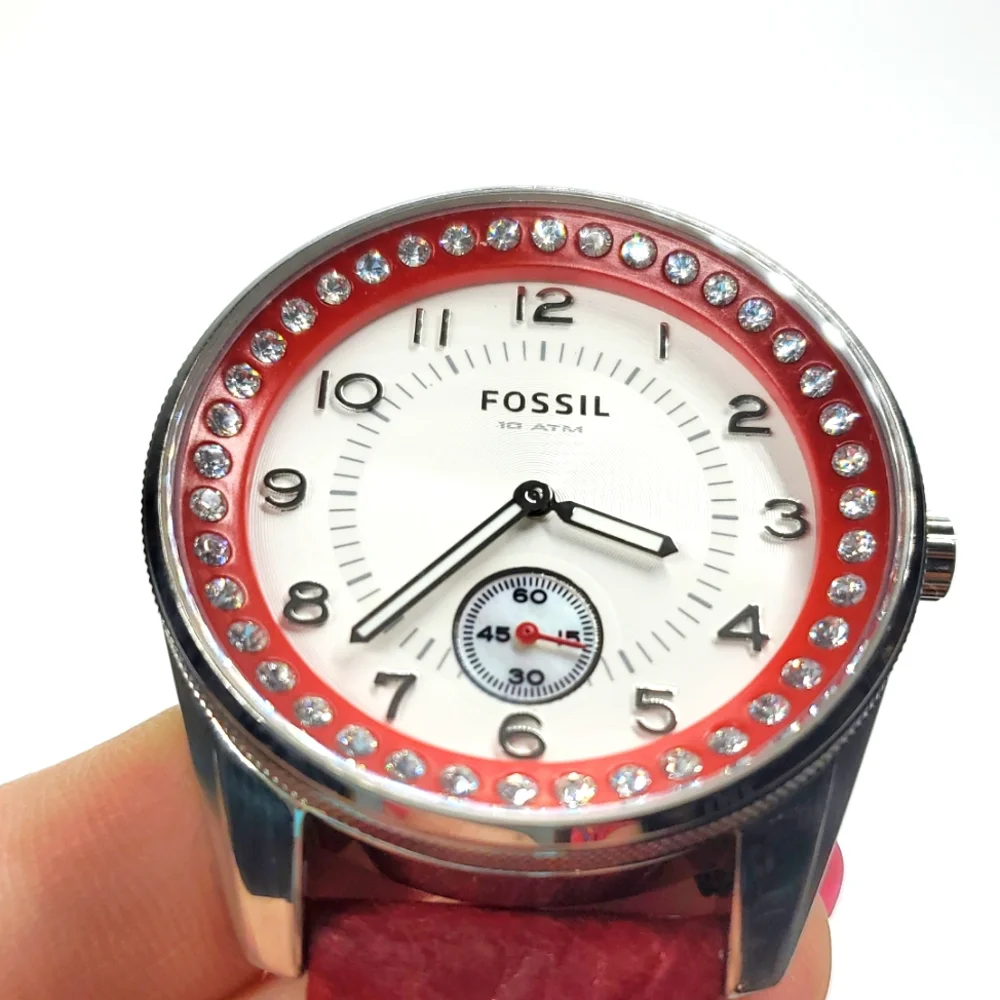 Fossil Watch AM-4188 Silver Watch Red Leather Band Crystal Bling